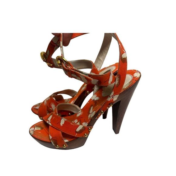 Gucci Orange Crane Wood Block Heels Sandals Sz. 8 - Picture 2 of 13